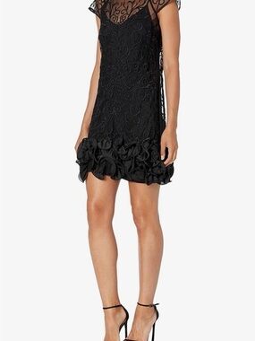 Guess Black Embroidered Ruffle-Hem Mini Dress